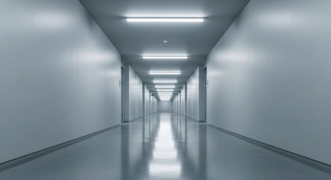 A long, empty corridor with fluorescent lights and white walls.