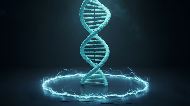 Dna strand with glowing circle representing genetics and biotechnology research