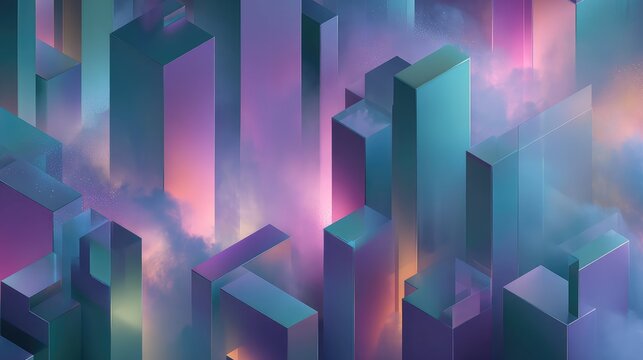Abstract neon cityscape with glowing pastel clouds - Powered by Adobe