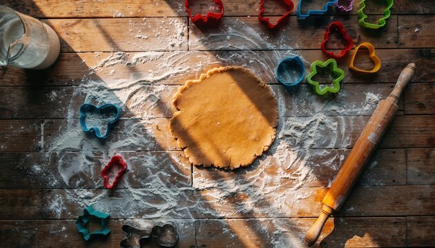 Dough is rolled out with cookie cutters and a rolling pin on a wooden surface, ready for baking. - Powered by Adobe