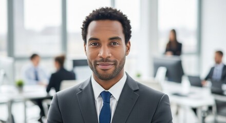 A confident businessman in a suit and tie, standing in an office with colleagues in the background.