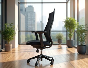 Modern ergonomic black office chair with mesh backrest. Features adjustable height, lumbar support. Wheels allow easy movement. Minimalist office interior with city view.