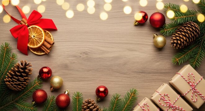 Christmas decorations on a wooden table with pine cones, ornaments, and a red bow.