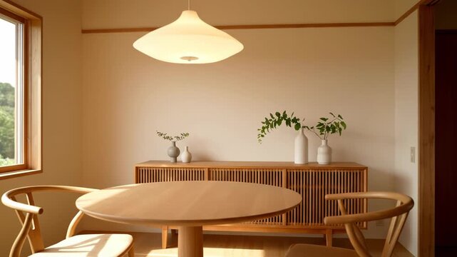 Cozy dining area with a round wooden table and chairs, set against a modern sideboard