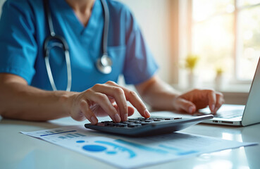 Doctor with stethoscope uses calculator and laptop. Person reviews financial charts and graphs. Healthcare professional manages clinic expenses and patient billing at desk.