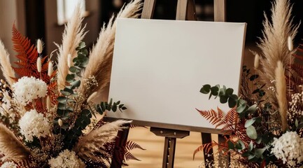 Elegant wedding easel with floral arrangements creates a warm and inviting atmosphere
