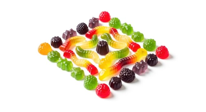A colorful assortment of gummy candies and jelly beans on a white background.