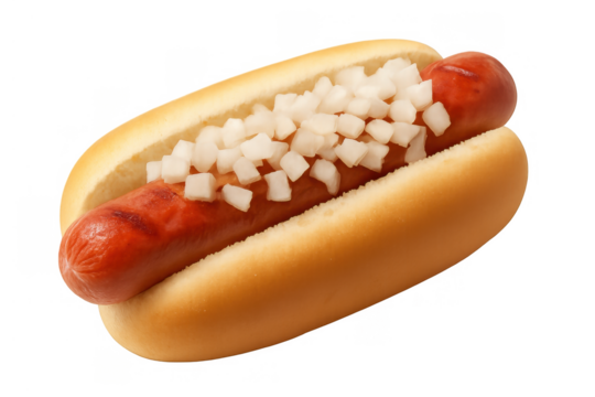 Hot dog with grilled frankfurter, fresh diced onions, and soft bun, street food classic on transparent background