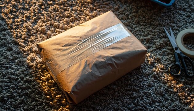 A brown paper package is sealed with tape and ready for shipping on a carpeted floor.