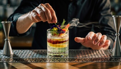 A skilled bartender garnishes a smoky, layered cocktail with fresh herbs and flowers.