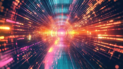 Digital data network connecting futuristic light tunnel