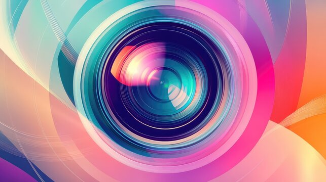 Camera lens reflecting vibrant digital abstract light spectrum