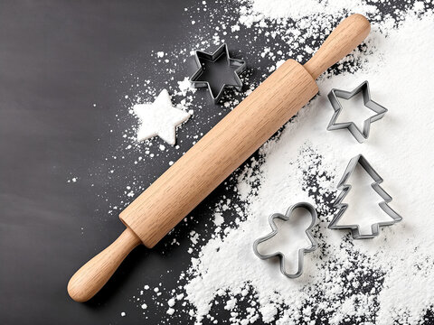A rolling pin and Christmas cookie cutters on a flour-dusted background