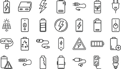Bundle of Battery, Power, and Charging Line Art Icons: Energy Status, Plugs, Power Banks, Solar, and Electrical Caution Symbols
