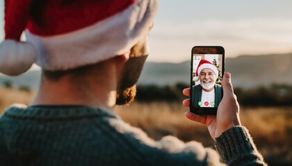 Man wearing a Santa hat video calls someone dressed as Santa Claus on a smartphone outdoors.