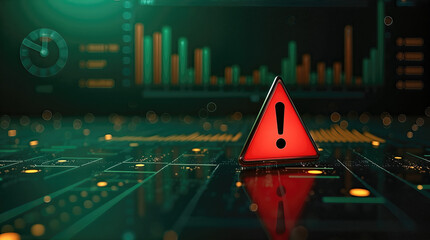 Warning sign highlighting an AI dashboard with gold accents, depicting a concept of cyber security risk.