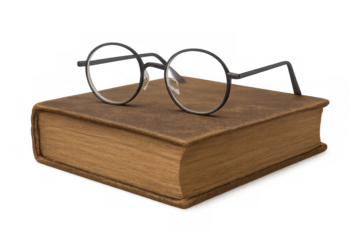 Vintage eyeglasses resting on an old leather-bound book, symbolizing education, knowledge, history, and wisdom, transparent background