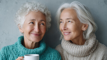 Happy together, Two elderly women enjoying a peaceful tea time conversation in a warm, inviting setting.