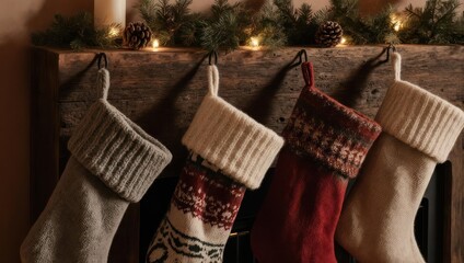 Cozy Christmas Stockings Hanging on a Rustic Fireplace Mantel with Festive Decorations.