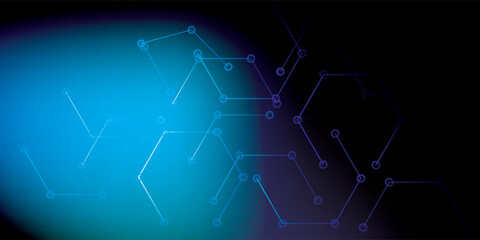 Abstract glowing blue and purple hexagonal network structure with interconnected nodes.