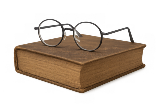 Vintage eyeglasses resting on an old leather-bound book, symbolizing education, knowledge, history, and wisdom, transparent background