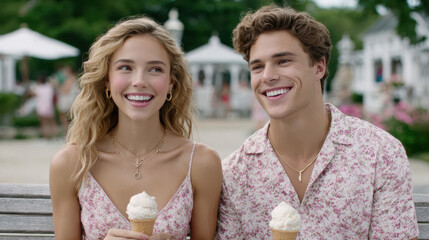 Happy together, Two people enjoying ice cream and laughing together on a park bench.