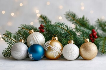 Fototapeta premium Christmas baubles and fir branch festive decoration