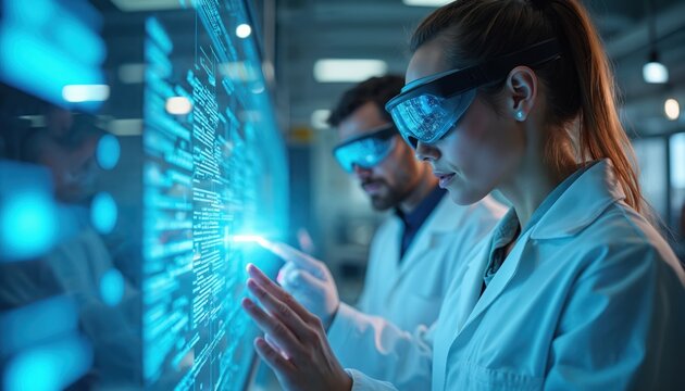 Two scientists wear futuristic goggles, analyze complex data on transparent screen. Work together in modern lab, conducting research, development. Advanced tech helps innovation, showing digital info - Powered by Adobe