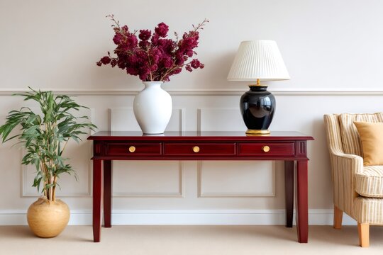 Console table with lamp, vase, and plant interior