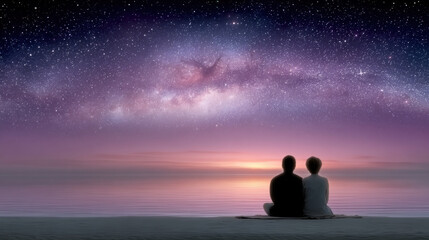 Happy together, A serene night scene of two people stargazing on a blanket, enjoying a peaceful moment together.