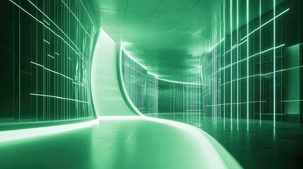 Futuristic green abstract tunnel with glowing grid lines