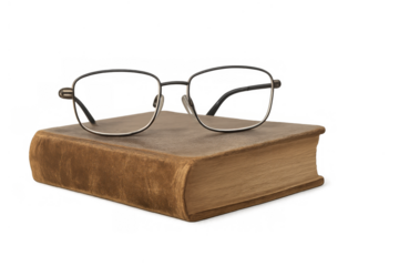Old reading glasses resting on a vintage book, symbolizing knowledge, wisdom, education, and learning, transparent background