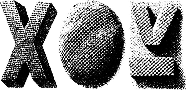 3D letter shapes: X, O, and Y in bold black and white texture. This vector illustration features unique geometric designs in an abstract set.