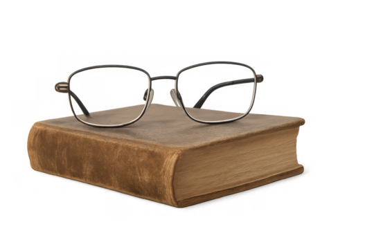 Old reading glasses resting on a vintage book, symbolizing knowledge, wisdom, education, and learning, transparent background