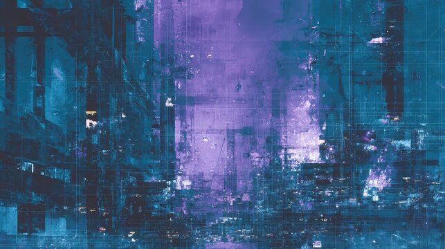 Futuristic digital cityscape with purple and blue data glitch effect