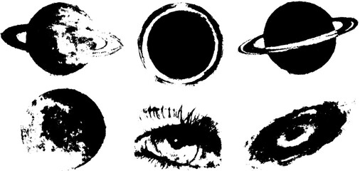Set of abstract planets and cosmic eyes in black. Bold vector illustration depicting space themes and circular designs.