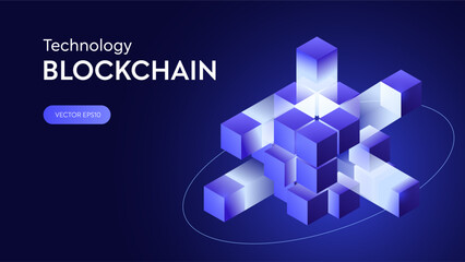 3D futuristic cube blockchain technology. Hitech innovation for big data and artificial intelligence. Abstract digit block for AI artificial intelligence tech backgrounds. Purple box geometric vector