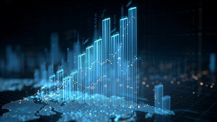 Abstract digital representation of financial data with glowing blue bar graphs rising from a world map, indicating growth and market analysis. - Powered by Adobe