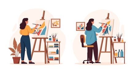 Two talented artists joyfully creating abstract paintings in bright studio spaces, ideal for promoting creativity and artistic expression