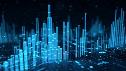 Abstract digital landscape with glowing blue bars visualizing complex data and information. - Powered by Adobe
