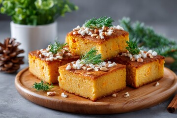 Pumpkin cake slices with nuts and rosemary for holiday dessert