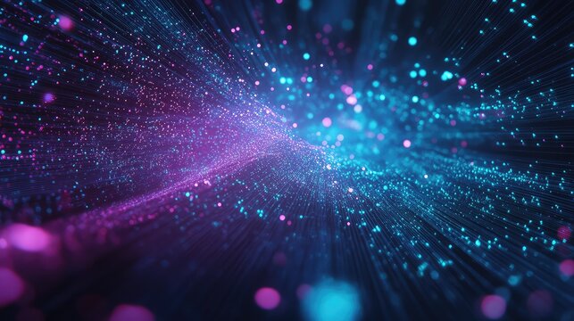 Digital data network connecting glowing particles fiber optic
