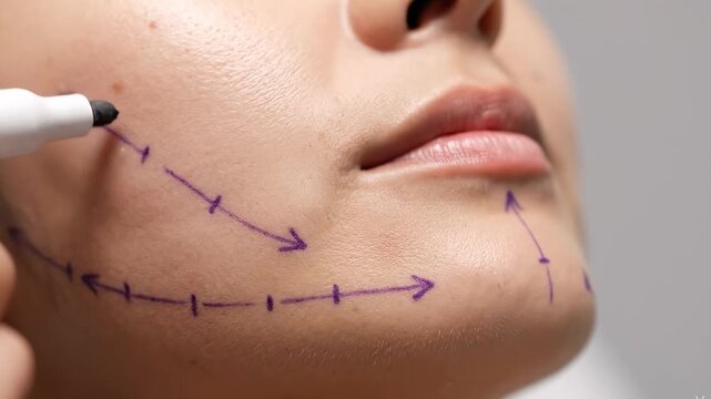 A close-up view of a surgeon's markings on a patient's jaw and chin area before a cosmetic facial contouring procedure