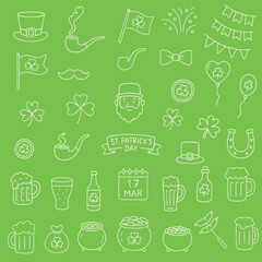 St. Patrick's Day vector illustration featuring a collection of festive icons, including shamrocks, leprechaun hats, and beer mugs on a green background. Perfect for holiday design projects.