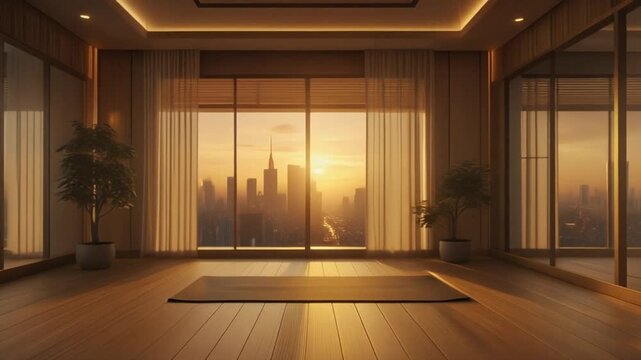 AI- cinematic video showcasing a luxury yoga studio with warm golden lighting and minimalist Japanese interior design. Perfect for lifestyle editorials, wellness branding