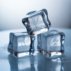 Clear ice cubes with internal frosty patterns and water drops