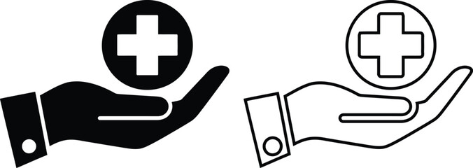 Healthcare support glyph icon with hands holding a heart and medical cross symbol. Healthcare, first aid, and medicine icon.