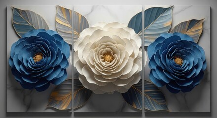 Elegant floral triptych featuring blue and white roses with golden accents, creating a luxurious and sophisticated decorative artwork
