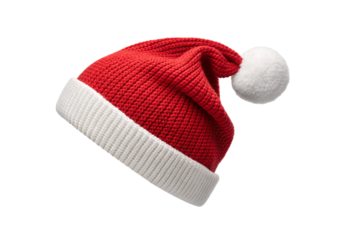 Red Santa hat with white pompom lying sideways flat, isolated on a transparent background