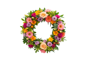 Vibrant mixed flower wreath with roses and greenery round, isolated on a transparent background